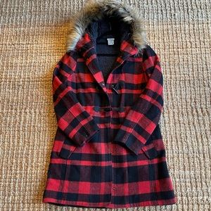 L.L.Bean Wool Coat in Buffalo Plaid with Fur Hood